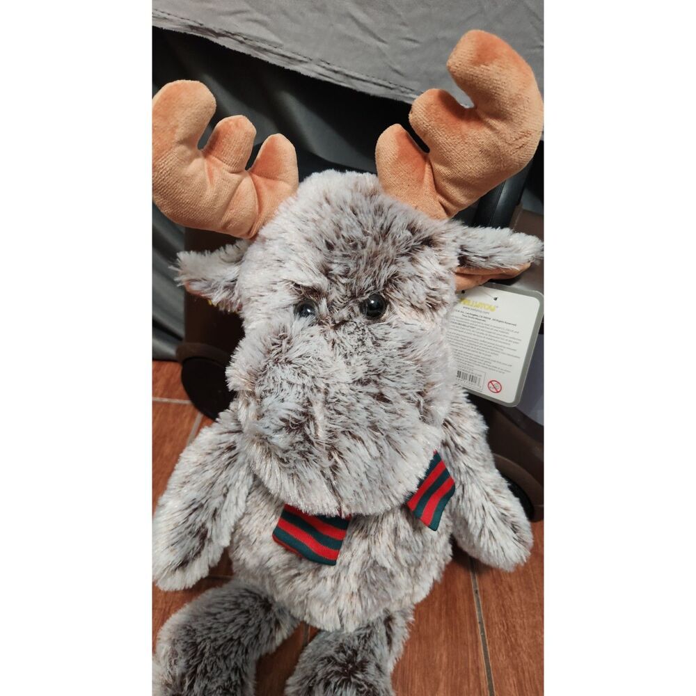 fluffy gray & brown plush moose w/ red and green striped scarf "Holiday Plush"